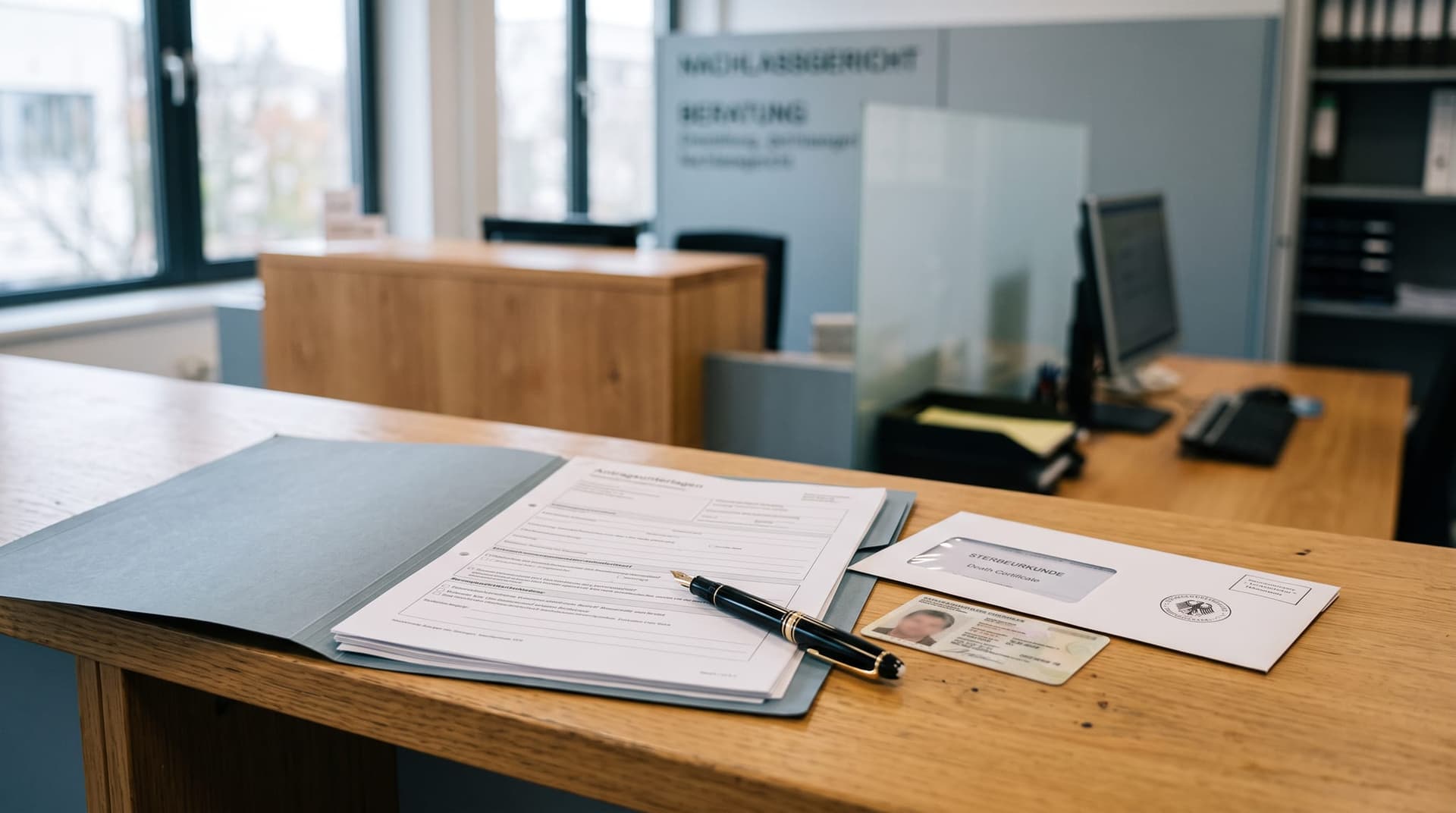Ausgefüllter Antrag, Personalausweis und Sterbeurkunde auf einem Schreibtisch — Erbschein beantragen Kosten