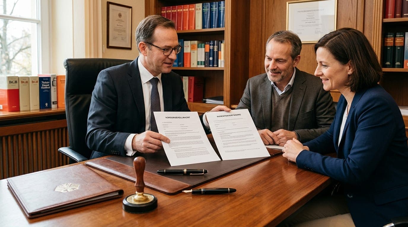 Erbvertrag beim Notar — Paar unterschreibt Unterlagen am Tisch