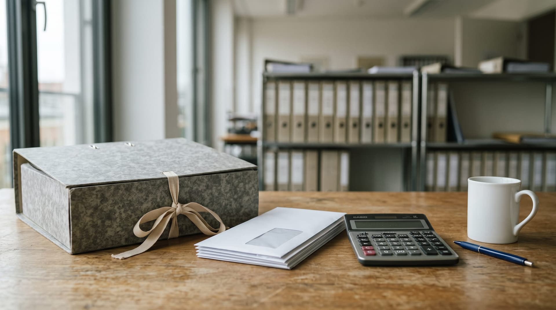 Aktenordner mit Rechnungen und Mahnungen neben einem Taschenrechner auf einem Schreibtisch — Kosten des Nachlassinsolvenzverfahrens