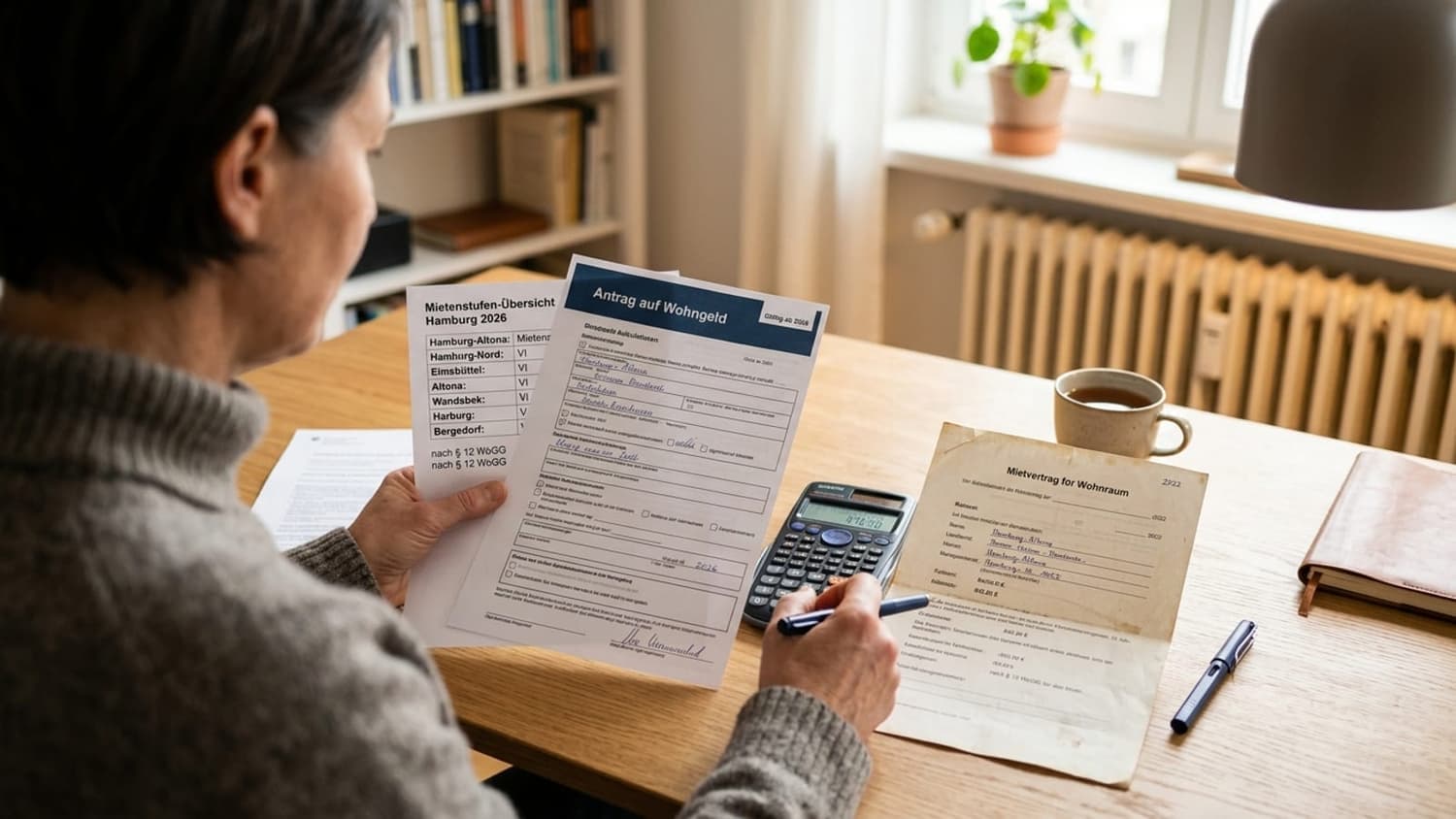 Wohngeld in Hamburg 2026 — Antragsformular, Taschenrechner und Mietvertrag auf Schreibtisch für die Berechnung nach § 12 WoGG mit Mietenstufen-Tabelle für Hamburg-Altona und weitere Städte