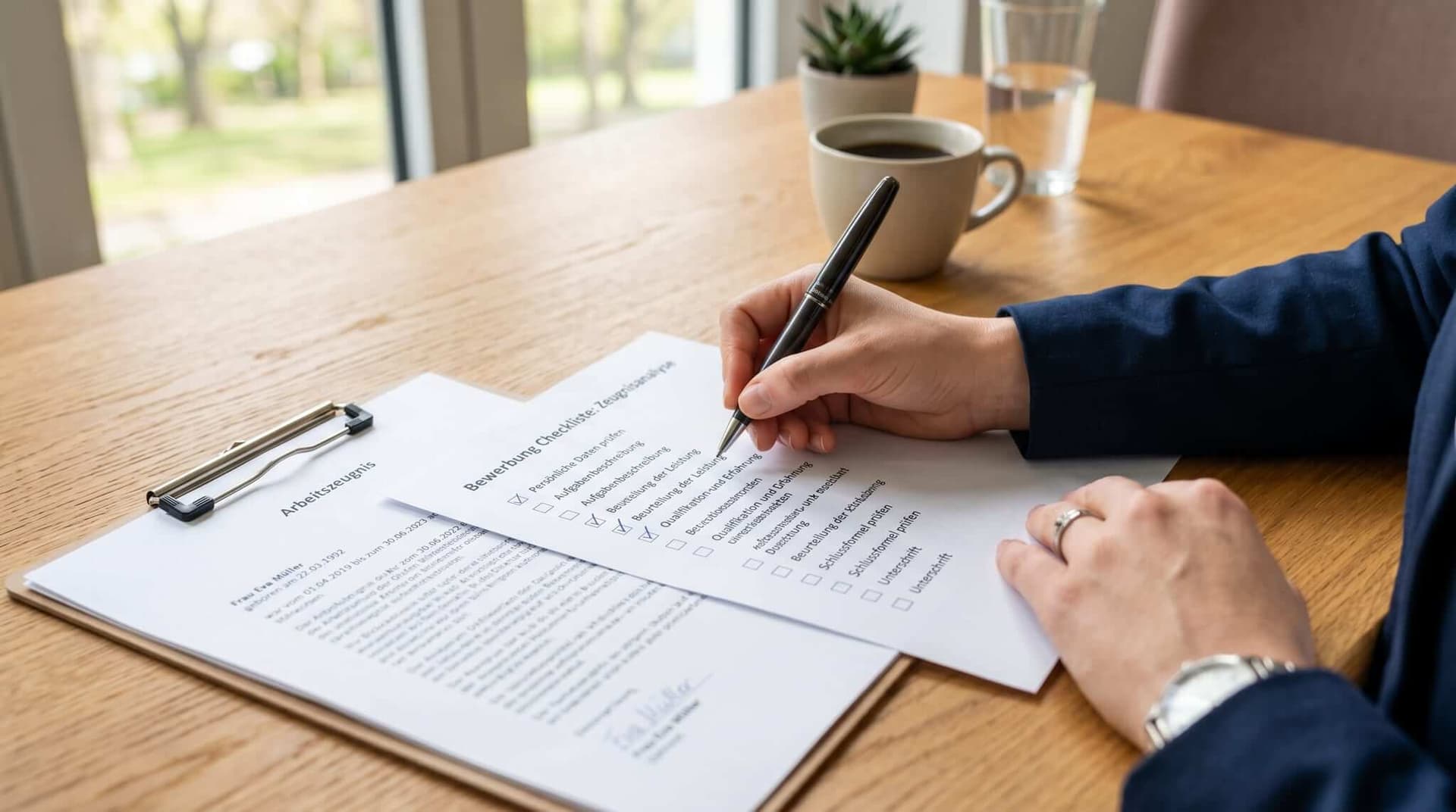 Hand hakt Checkliste neben einem ausgedruckten Arbeitszeugnis mit Stift ab